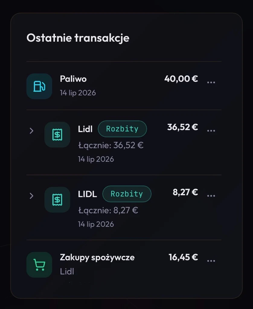 Recent transactions with a split receipt