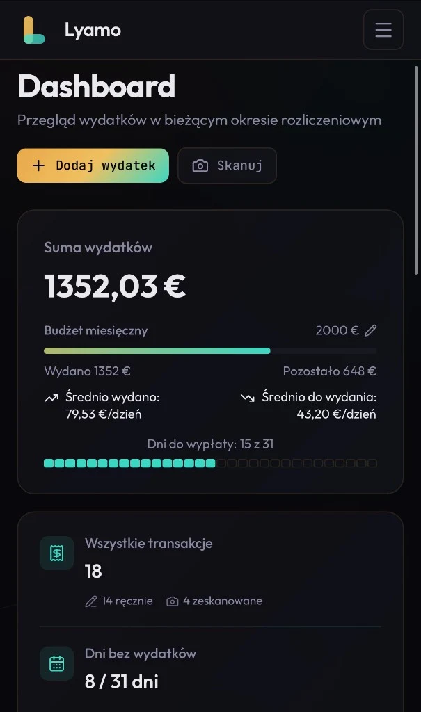 Mobile dashboard — budget and days until payday